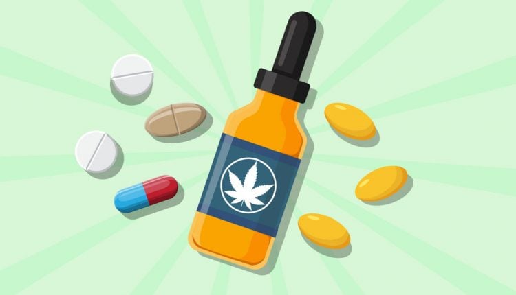 Illustration of CBD oil bottle and antidepressant drugs